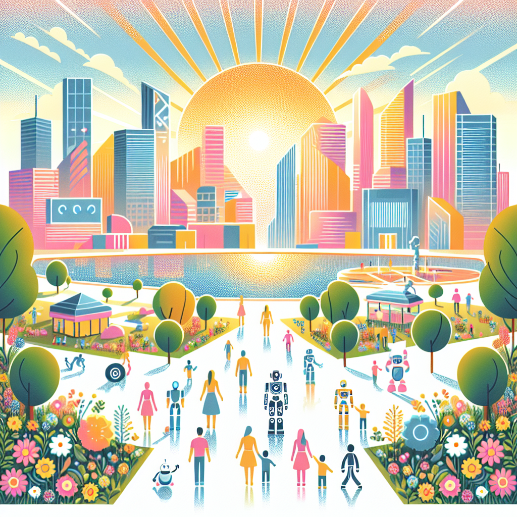 "Create a bright and cheerful illustration depicting a futuristic cityscape where advanced AI technology is harmoniously integrated into everyday life. Use vivid colors like soft pastels and warm tones to evoke a sense of joy and optimism. Include smiling people interacting with friendly robots, surrounded by lush greenery and colorful flowers, highlighting the positive impact of technology. The scene should have clean lines and soft shading to enhance the uplifting atmosphere, with bright sunlight casting a warm glow over the landscape. Artistic style should reflect a blend of vector art and digital painting, ensuring a bright and engaging composition that conveys a sense of safety and optimism for the future."Discover how AI can defend against its own threats, explore its dual nature, and learn the ethical implications as we navigate the future of AI regulation.